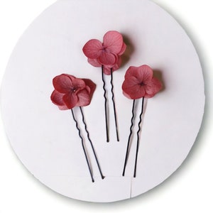 Tres selecciones de moños de flores de vino - flores frescas preservadas - hortensias secas para adornar un peinado nupcial, espíritu boho.