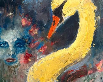 May include: An abstract oil painting featuring a yellow swan with a black beak and orange accents. The swan is set against a dark, textured background with hints of blue, red, and green, and a woman's face.