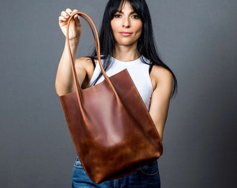 Tote leather bag, Cognac leather tote, Leather tote bag, Small tote bag, Woman shoulder bag, Gift for woman, Leather shopping bag, Gift