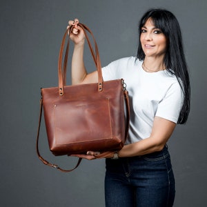 Cognac Ledertasche, Laptoptasche, Einkaufstasche mit Reißverschluss, Schulterfrauentasche, Fraueneinkaufstasche, Frauenledertasche, Tote Ledertasche