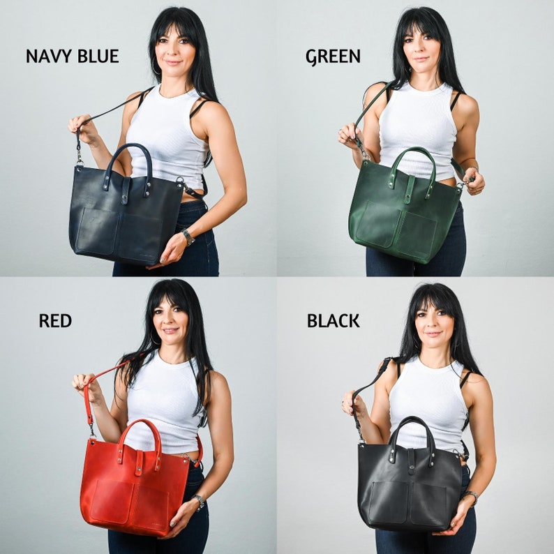 May include: Four different colored leather tote bags with adjustable straps. The bags are navy blue, green, red, and black.