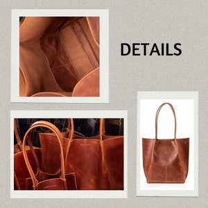 May include: A brown leather tote bag with a wide opening and two handles. The bag is made of high-quality leather and has a simple, classic design. DETAILS is written in white text on a brown background.