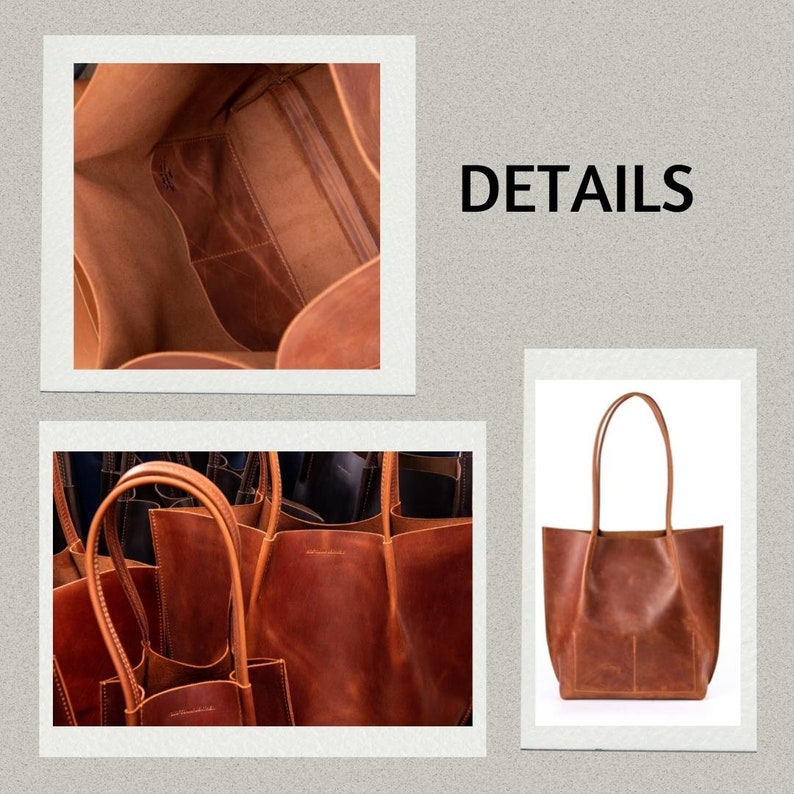 May include: A brown leather tote bag with a wide opening and two handles. The bag is made of high-quality leather and has a simple, classic design. DETAILS is written in white text on a brown background.