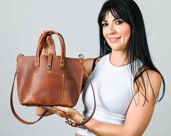 Cognac leather bag, Mini tote bag, Mini shoulder bag, Crossbody woman bag, Woman tote bag, Personalized bag, Leather bag, Mini leather tote