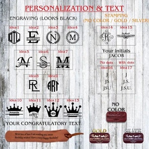 May include: Wooden background with options for personalization and text engraving. Includes examples of initials, names, and crown designs. Also shows stamping options in gold and silver, and a sample congratulatory message.