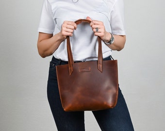 Cognac leather tote, Leather tote bag, Mini tote bag, Woman shoulder bag, Gift for woman, Tote leather bag, Cognac leather bag, Gift for her