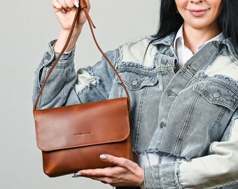 Cognac leather bag Casual leather bag Shoulder woman bag Gift for her Leather purse Handmade leather bag  Shoulder leather bag