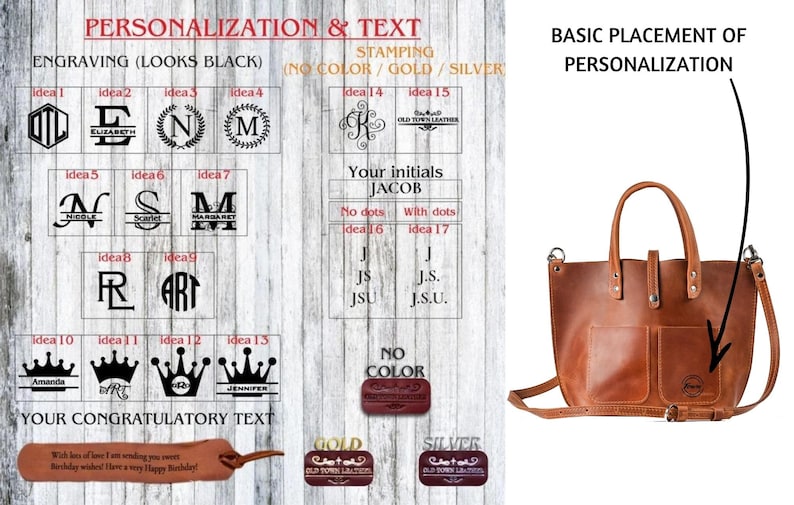 May include: A brown leather tote bag with a pocket on the front. The bag has a long strap and a shorter handle. The image shows different options for personalization, including engraving, stamping, and text. The text includes "Your initials JACOB" and "No dots" and "With dots".
