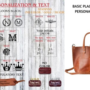 May include: A brown leather tote bag with a pocket on the front. The bag has a long strap and a shorter handle. The image shows different options for personalization, including engraving, stamping, and text. The text includes "Your initials JACOB" and "No dots" and "With dots".