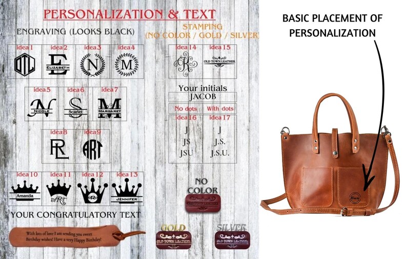 May include: A brown leather tote bag with a pocket on the front. The bag has a long strap and a shorter handle. The image shows different options for personalization, including engraving, stamping, and text. The text includes "Your initials JACOB" and "No dots" and "With dots".