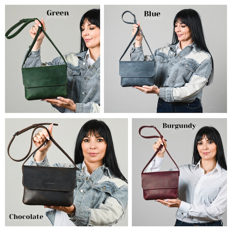 May include: A collection of four rectangular leather crossbody bags with fold-over flaps and adjustable shoulder straps. The bags are shown in four distinct colors: forest green, slate blue, dark chocolate brown, and deep burgundy red.