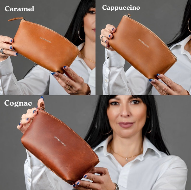 May include: Three different colored leather cosmetic bags with a zipper closure. The bags are labeled "Caramel", "Cappuccino", and "Cognac".