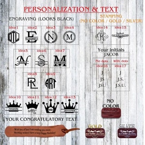 May include: A guide to personalization options for leather goods, including engraving and stamping.  The image shows various design ideas for initials, names, and monograms.  The text "Old Town Leather" appears on several of the designs.  The options for stamping include "No Color", "Gold", and "Silver".
