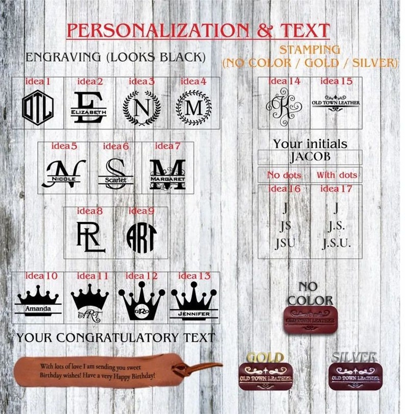 May include: A guide to personalization options for leather goods, including engraving and stamping.  The image shows various design ideas for initials, names, and monograms.  The text "Old Town Leather" appears on several of the designs.  The options for stamping include "No Color", "Gold", and "Silver".
