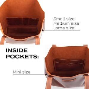 May include: Inside view of a brown leather tote bag with a smaller inside pocket. The bag is available in small, medium, large, and mini sizes.