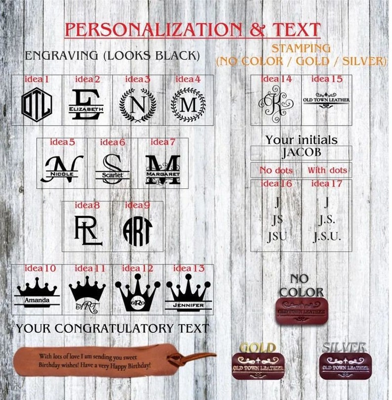 Puede incluir: Imagen que muestra opciones de personalizaci&oacute;n para art&iacute;culos de cuero. Incluye varias ideas de grabado con iniciales, nombres y dise&ntilde;os de coronas. Tambi&eacute;n muestra opciones de estampado en oro y plata, y un mensaje de felicitaci&oacute;n de muestra.