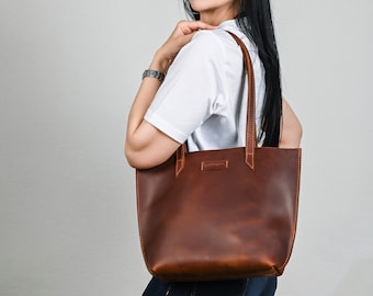 Cognac leather tote, Leather tote bag, Small tote bag, Woman shoulder bag, Gift for woman, Tote leather bag, Cognac leather bag Gift for her