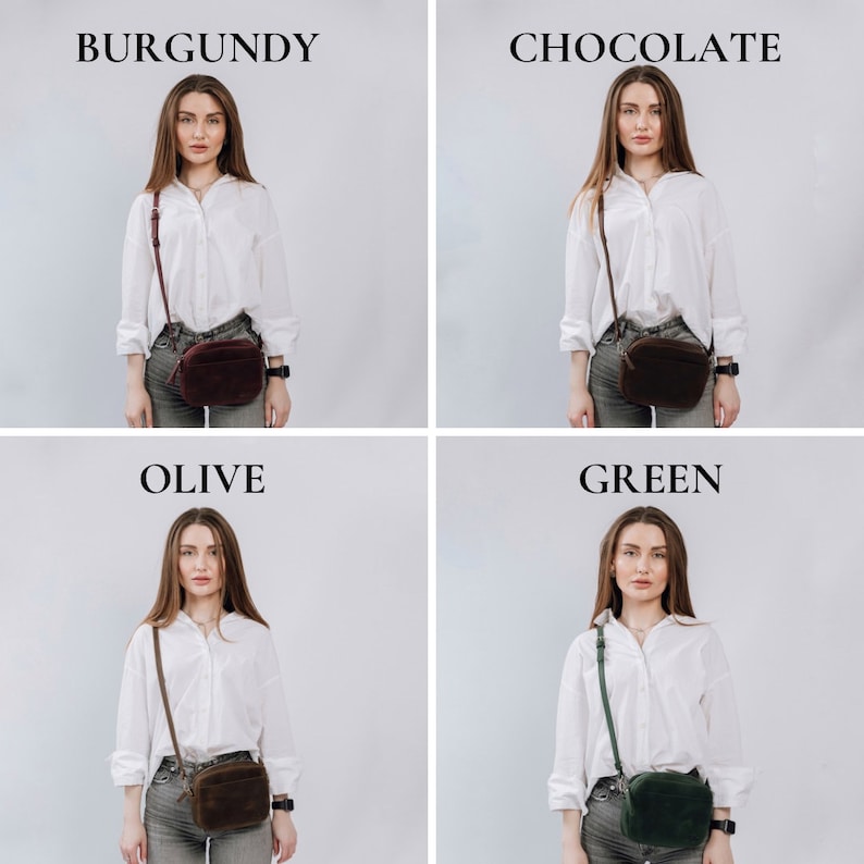 May include: Four women wearing white shirts and jeans are modeling different colored crossbody bags. The bags are burgundy, chocolate brown, olive green, and dark green.