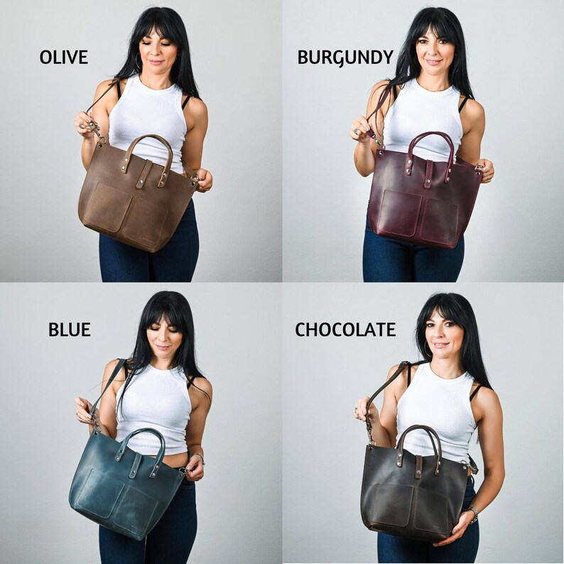 May include: Four leather tote bags in different colors: olive, burgundy, blue, and chocolate. Each bag has a top handle and a long shoulder strap. The bags are shown against a white background.