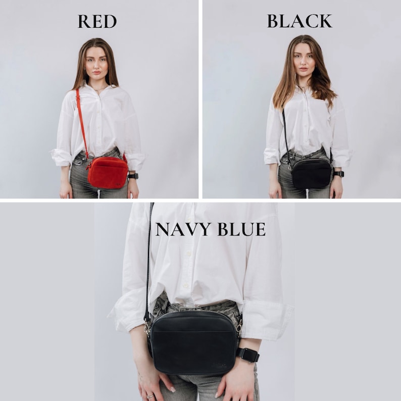 May include: A small, rectangular crossbody bag in red, black, and navy blue. The bag has a flap closure and a strap that can be adjusted to fit comfortably across the body.