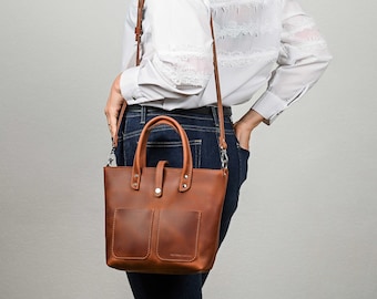 Bag with zipper, Cognac leather bag, Mini tote bag, Mini shoulder bag, Crossbody woman bag, Woman tote bag, Personalized bag, Leather bag