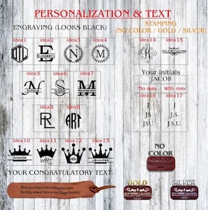 May include: A guide to personalization options for leather goods, including engraving and stamping.  The image shows various design ideas for initials, names, and monograms.  The text "Old Town Leather" appears on several of the designs.  The options for stamping include no color, gold, and silver.