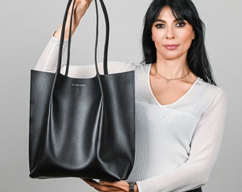 Black leather tote, Woman shoulder bag, Leather shoulder bag, Tote leather bag, Leather tote bag, Extra large tote bag, Shoulder woman bag