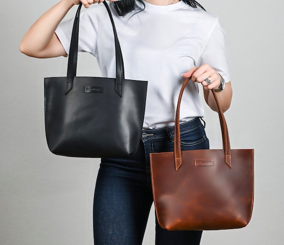 Black leather tote, Leather tote bag, Mini tote bag, Woman shoulder bag, Gift for woman, Tote leather bag, Cognac leather bag, Gift for her