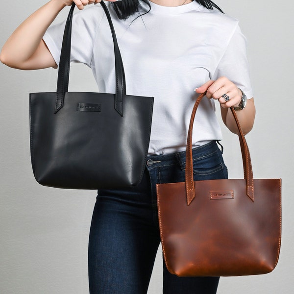 Fourre-tout en cuir noir, sac fourre-tout en cuir, mini sac fourre-tout, sac à bandoulière femme, cadeau pour femme, sac fourre-tout en cuir, sac en cuir Cognac, cadeau pour elle