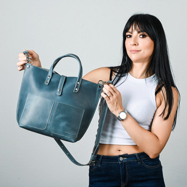 Woman leather tote, Blue leather bag, Personalized handbag, Leather tote bag, Shoulder leather bag, Handmade bag, Shoulder woman bag
