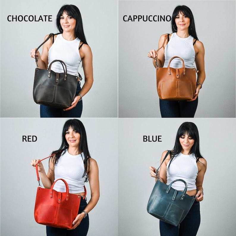 May include: Four leather tote bags in different colors: chocolate, cappuccino, red, and blue. Each bag has a top zipper closure, a front pocket, and a detachable shoulder strap.