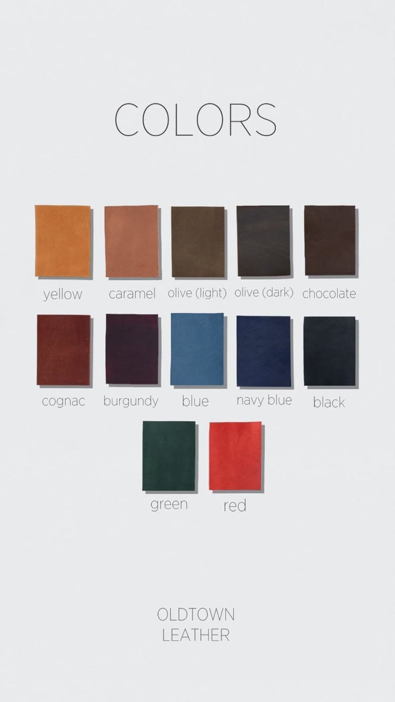 Puede incluir: Muestras de color de cuero en varios tonos, incluyendo amarillo, caramelo, oliva, chocolate, co&ntilde;ac, burdeos, azul, azul marino, negro, verde y rojo. La palabra "COLORS" est&aacute; en la parte superior y "OLDTOWN LEATHER" en la inferior.