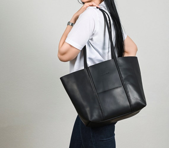 Black leather tote, Tote leather bag, Leather tote bag, Woman shoulder bag, Gift for her, Leather shopping bag, Laptop bag
