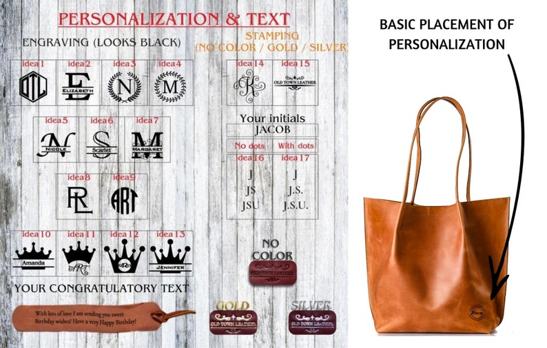 May include: A brown leather tote bag with a personalization option. The bag has two handles and a large main compartment. The image shows different personalization options, including engraved initials, stamped initials, and a line of text. The text "BASIC PLACEMENT OF PERSONALIZATION" is at the top of the image.