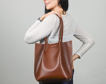 Cognac leather tote, Shoulder Bag, Tote leather bag,  Leather tote bag, Medium tote bag, Woman shoulder bag, Gift for woman