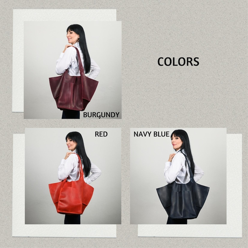 Puede incluir: Un bolso tote en tres colores: burdeos, rojo y azul marino. Los bolsos se muestran con una mujer que lleva una camisa blanca. La palabra "COLORS" est&aacute; escrita en texto negro. El bolso tiene un dise&ntilde;o grande y abierto.