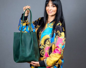 Tote leather bag, Green leather tote, Leather tote bag, Small tote bag, Woman shoulder bag, Gift for woman, Leather shopping bag, Gift