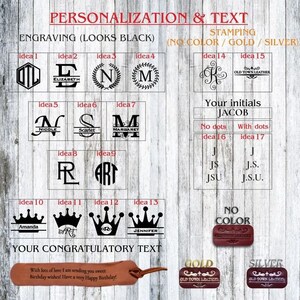 May include: A guide to personalisation options for leather goods.  The image shows different engraving and stamping ideas, including initials, names, crowns, and monograms.  The text "Your initials JACOB" is shown with options for dots or no dots.  The text "No Color/Gold/Silver" is shown with examples of each option.  The text "Your congratulatory text" is shown with an example of a birthday message.