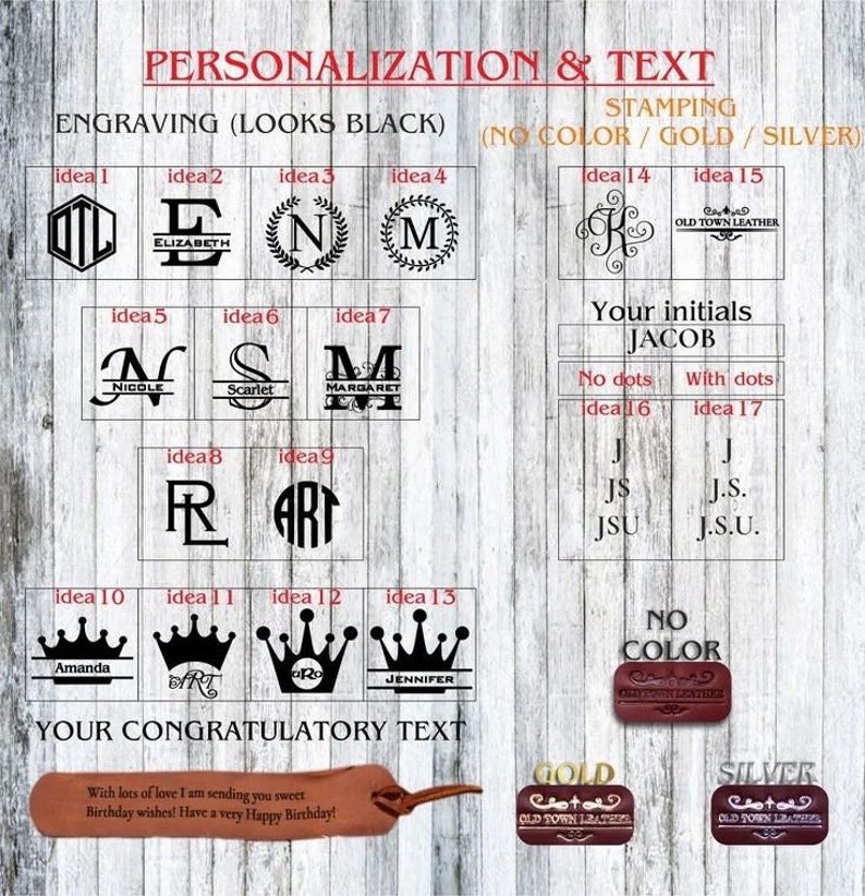 May include: A guide to personalisation options for leather goods.  The image shows different engraving and stamping ideas, including initials, names, crowns, and monograms.  The text "Your initials JACOB" is shown with options for dots or no dots.  The text "No Color/Gold/Silver" is shown with examples of each option.  The text "Your congratulatory text" is shown with an example of a birthday message.