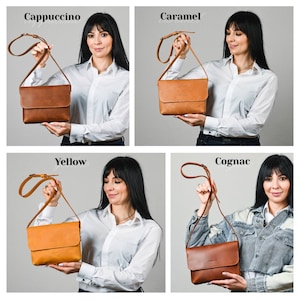 May include: A collection of four rectangular leather crossbody bags shown in four distinct colors: dark brown labeled Cappuccino, light tan labeled Caramel, mustard yellow labeled Yellow, and reddish-brown labeled Cognac. Each bag features a flap closure.