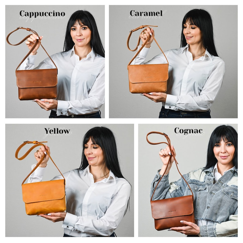 May include: A collection of four rectangular leather crossbody bags shown in four distinct colors: dark brown labeled Cappuccino, light tan labeled Caramel, mustard yellow labeled Yellow, and reddish-brown labeled Cognac. Each bag features a flap closure.