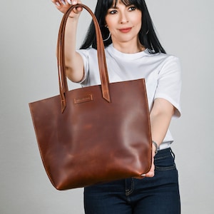 Fourre-tout en cuir cognac, sac fourre-tout en cuir, sac fourre-tout moyen, sac à bandoulière pour femme, cadeau pour femme, sac fourre-tout en cuir, sac en cuir cognac
