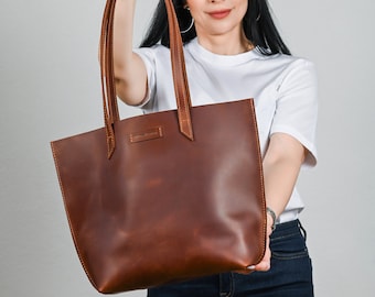 Cognac leather tote, Leather tote bag, Medium tote bag, Woman shoulder bag, Gift for woman, Tote leather bag, Cognac leather bag