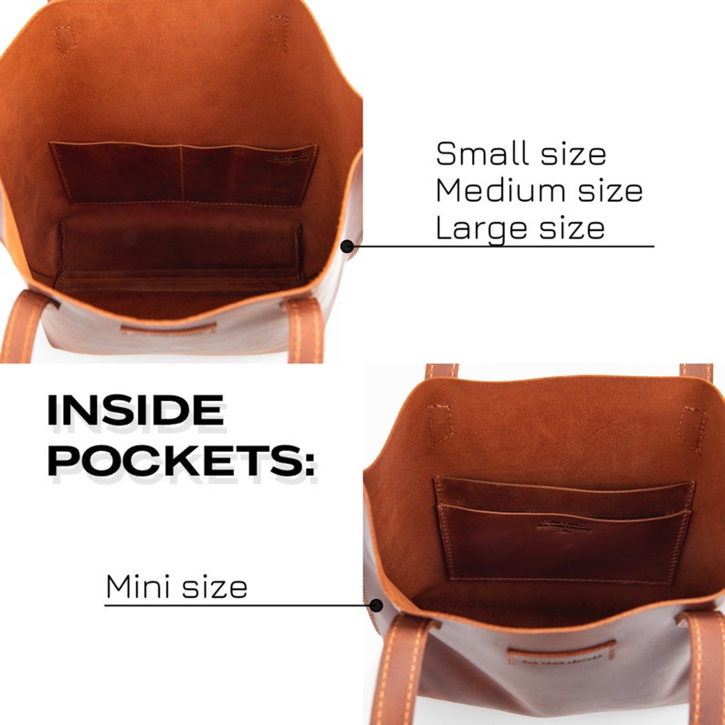 May include: Two brown leather tote bags with interior pockets are shown. One bag is open, displaying the inside pockets. The text "Small size, Medium size, Large size" is displayed. The text "INSIDE POCKETS: Mini size" is also displayed.