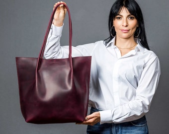 Burgundy tote, Woman shoulder bag, Leather shopping bag, Tote leather bag, Leather tote bag, Extra large tote bag, Shoulder woman bag