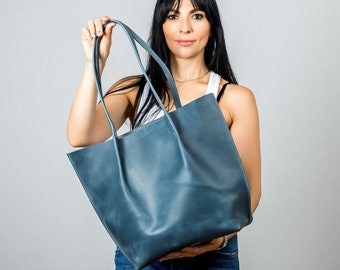 Woman shoulder bag, Leather shopping bag, Tote leather bag, Leather tote bag, Extra large tote bag, Shoulder woman bag, Blue leather tote