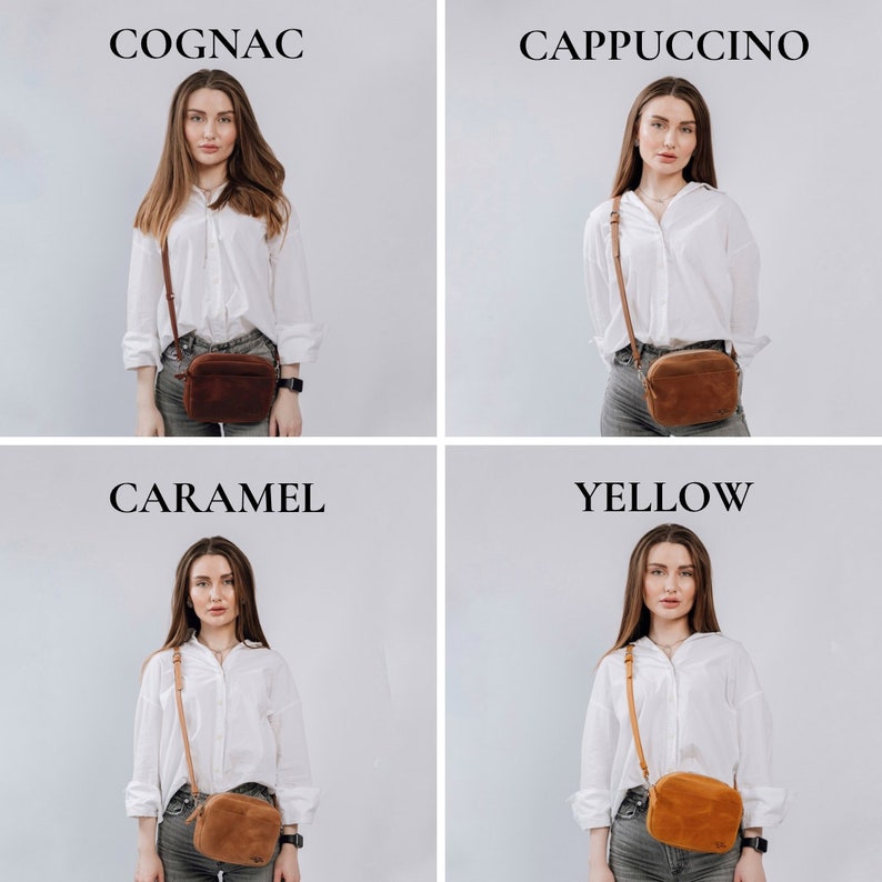 May include: Four women wearing white shirts and jeans are modeling different colored crossbody bags. The bags are labeled "Cognac", "Cappuccino", "Caramel", and "Yellow".