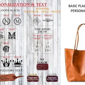 May include: A brown leather tote bag with a personalization option. The bag has two handles and a large main compartment. The image shows different personalization options, including engraved initials, stamped initials, and a line of text. The text "BASIC PLACEMENT OF PERSONALIZATION" is at the top of the image.