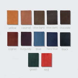 May include: A colour chart displaying 12 different leather colours, including yellow, caramel, olive, chocolate, cognac, burgundy, blue, navy blue, black, green, and red. The chart is labelled "Colors" and "Oldtown Leather".