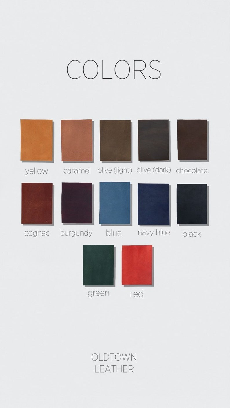 May include: A colour chart displaying 12 different leather colours, including yellow, caramel, olive, chocolate, cognac, burgundy, blue, navy blue, black, green, and red. The chart is labelled "Colors" and "Oldtown Leather".